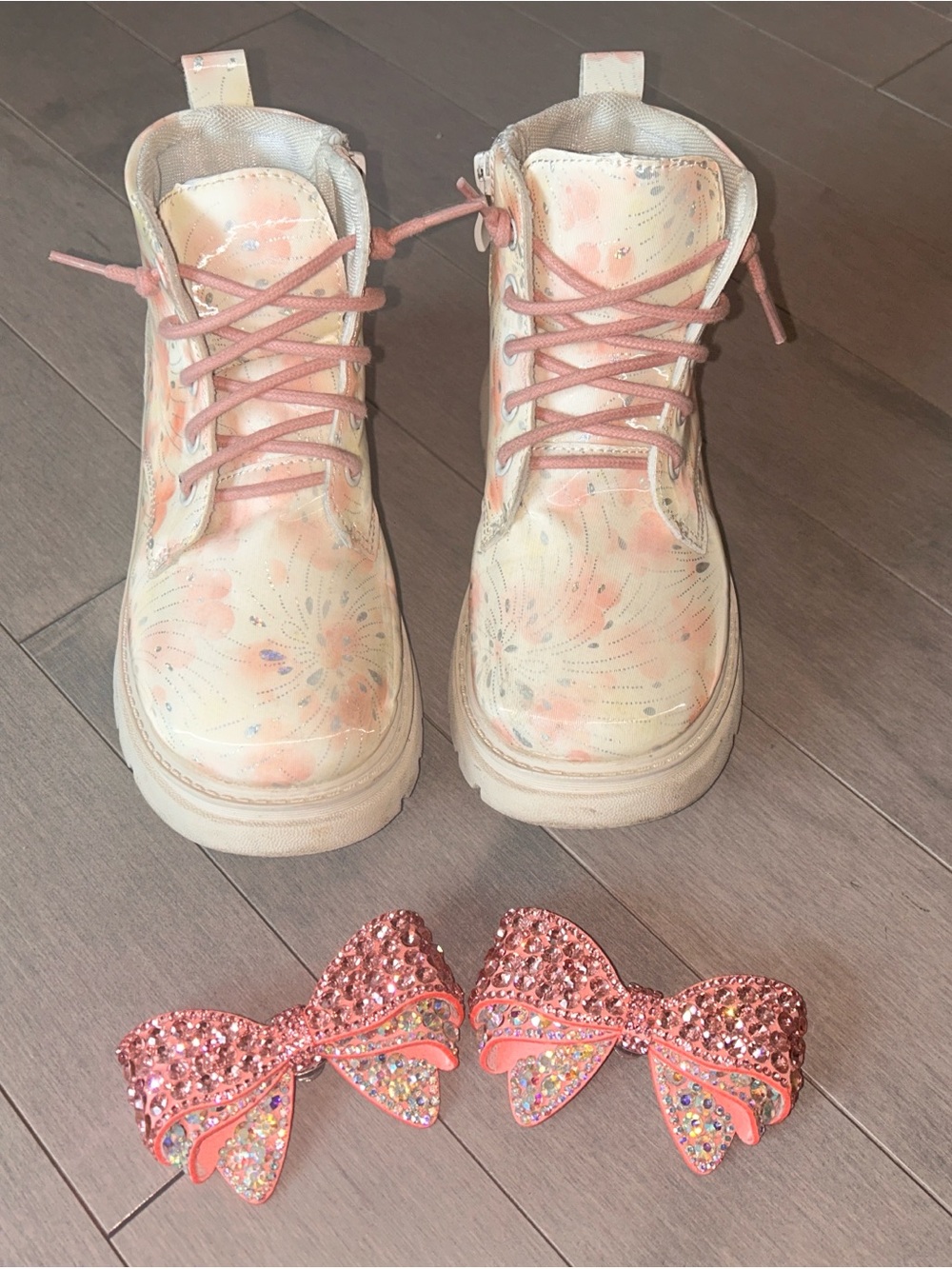 Lola + the boys -Kids Floral Pink Lace-Up Boots with Sparkle Bows